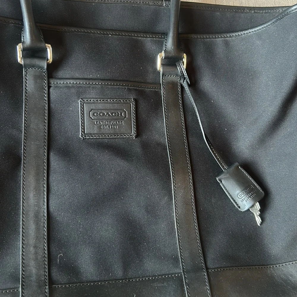 Coach Canvas Black Tote Leather Trim Double Zipper Weekender Bag